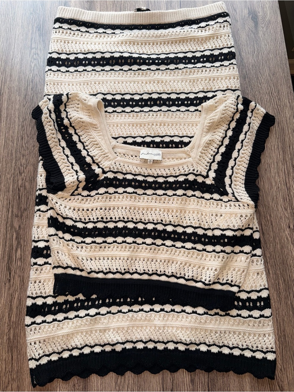 Freshman Cream and Black Crochet Knit Scoop Neck Sweater Top